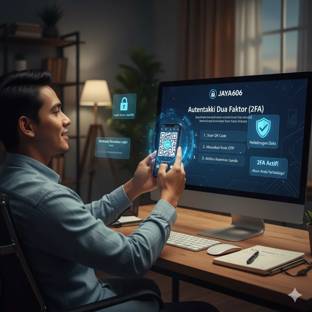 visualisasikan panduan aktivasi 2FA di Jaya606 dengan pendekatan storytelling, menyoroti keamanan ganda, perlindungan data, dan ketenangan pikiran bagi pengguna.